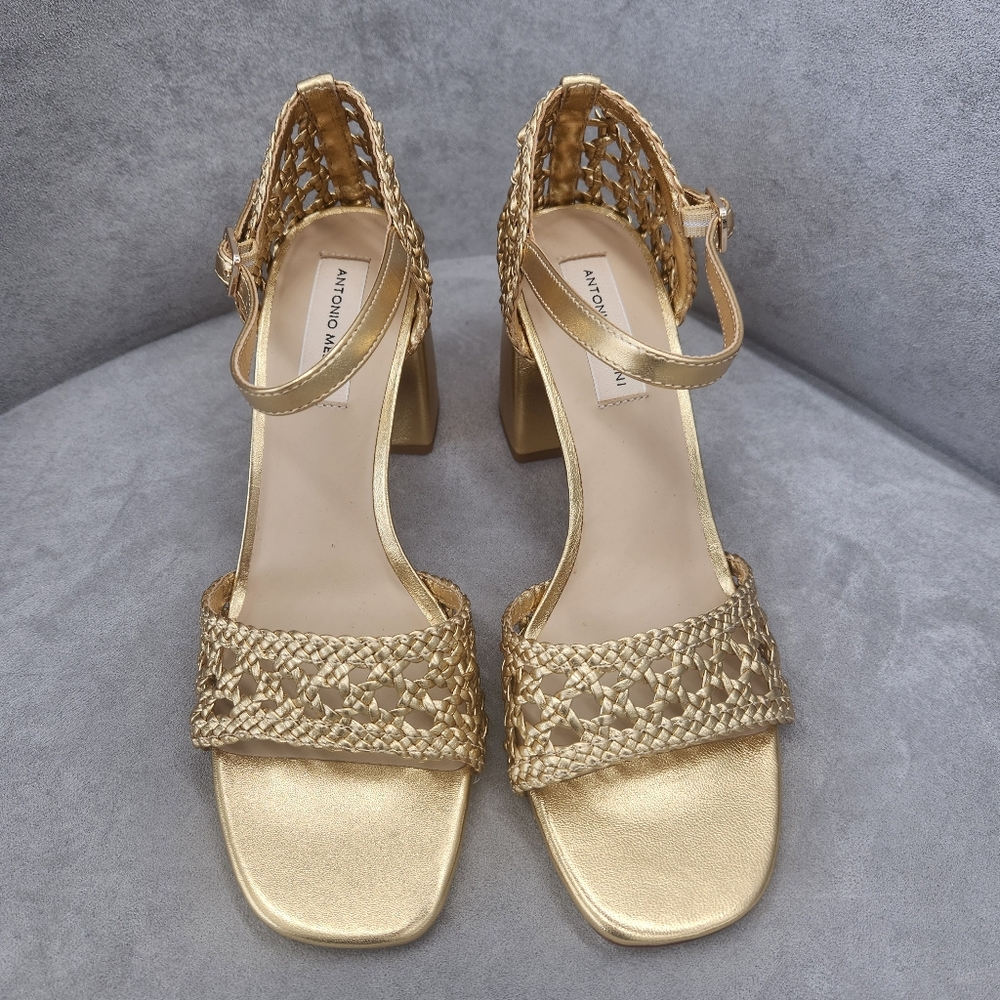 Antonio Melani Heeled Sandals 9.5 Golden Woven Leather Gretel Metallic New $140